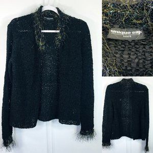 Unique Silk Large Cardigan Sweater Black 100% Silk